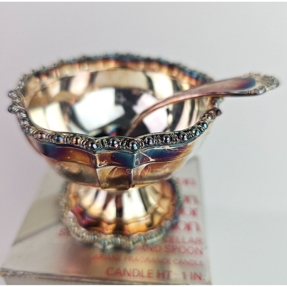 Vintage Avon Silver Plated Salt Cellar Spoon Candle Hudson Manor Collection 2 in